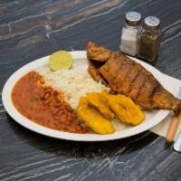 Fried Fish · Served with tostones rice and beans or rice and salad and soda. 