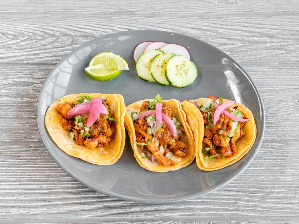 1. Street  Tacos · Choice of chicken, steak, BBQ pork, or fried pork. Mexican chorizo, fish, or shrimp for an additional charge.