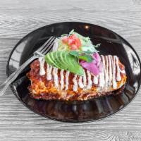 5. Wet Burrito · Choice of protein with rice, beans, cheese, avocado, onions, cilantro, pickle, red onions an...
