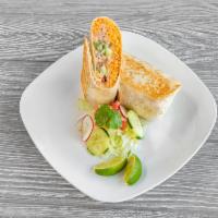 6. Fridas Burrito · Choice of protein with rice, guacamole, cheese, pico de gallo and Mexican cream.