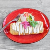 7. Chimichanga · Choice of protein with rice, beans, cheese, pickle, red onions, and sour cream.