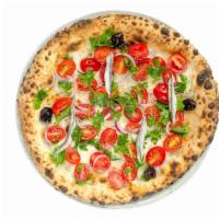 Alici Pizza · Buffalo mozzarella, red onion, grape tomatoes, white anchovies, chili flakes, Gaeta olives, ...
