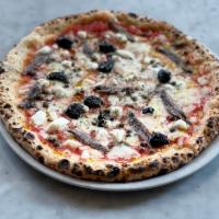 Del Popolo Pizza · Fior di latte, capers, sambenedetto anchovies, olives, oregano, olive oil, salt cured olives.