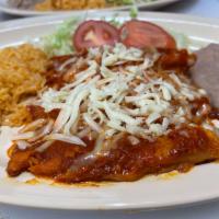 Enchilada Plate · 3 cheese enchiladas. Served with rice, refried beans, and a flour tortilla.