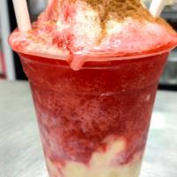 Raspado Gloria / Heaven Shaved Ice  · Strawberry shaved ice with condense milk, banana and cinammon. Raspado de fresa con leche co...