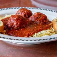 Spaghetti with Meatballs  · Spaghetti topped in our homemade meatballs.
