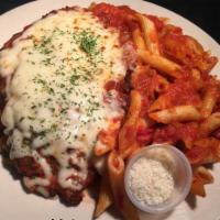 Pasta with Chicken Parmigiana Platter · Breaded chicken, tomato sauce, and cheese.