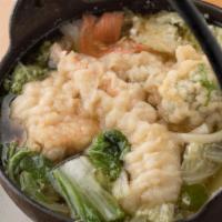 Nabeyaki Udon · Vegetables, chicken, egg, shrimp tempura and crab stick. 
