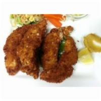 Fish Fry · Deep fried breaded fillet of fish. Served with rice and soup or salad.