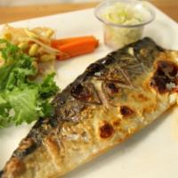 Saba Shio · Grilled mackerel. Served with rice and soup or salad.