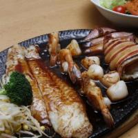 Teppan Seafood · Grilled salmon or flounder, shrimp, and scallops