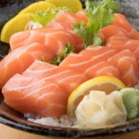 Salmon Don · Salmon sashimi over vinegar rice. Served with miso soup.