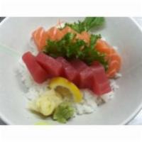 Tuna - Salmon Don · Filet of raw tuna and salmon over vinegar rice. Served with miso soup. 