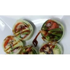 Sashimi Eel Roll · Eel, crab, masago and avocado wrapped with sliced cucumber. No rice. 