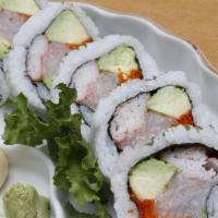Ariyoshi Roll · Five pieces of crab stick, yellowtail, avocado and smelt roe. 