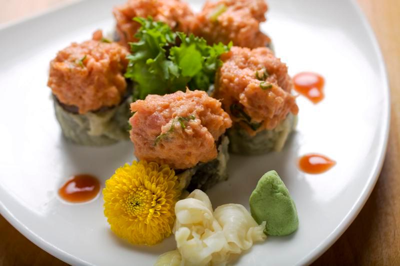 Volcano Roll · Asparagus roll tempura with spicy tuna on top. 