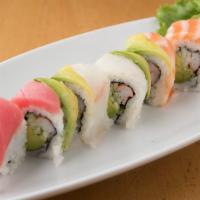 Rainbow Roll · Eight pieces California roll and cucumber wrapped with tuna, salmon and white fish. 