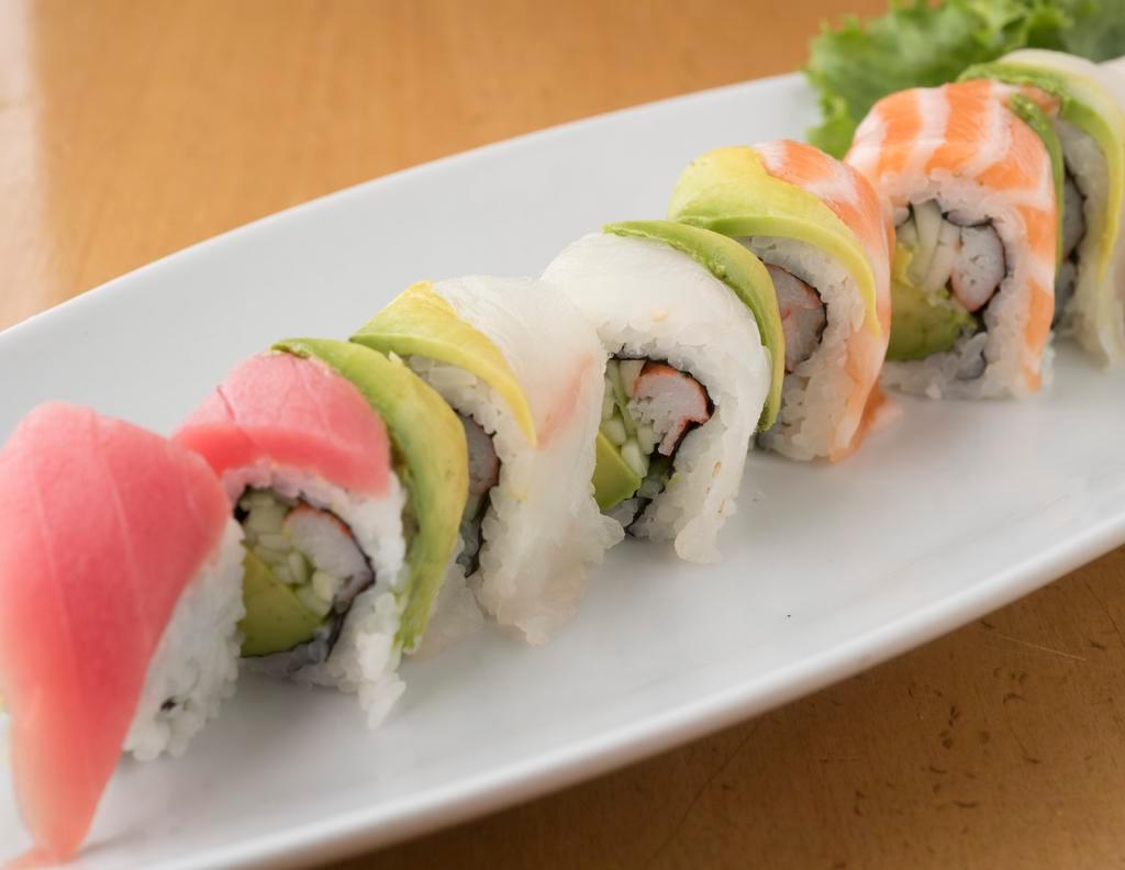 Rainbow Roll · Eight pieces California roll and cucumber wrapped with tuna, salmon and white fish. 
