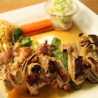 Yakitori Big · Skewered chicken and vegetables. Served with salad and rice. 