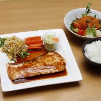 Salmon Teriyaki · Grilled salmon with teriyaki sauce. Served with rice and soup or salad.