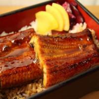 Unadon · Grilled eel. Served over rice with miso soup. 