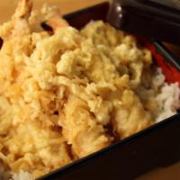 Temdon · Tempura.  Served over rice with miso soup. 
