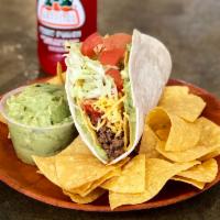 Guaco Loco -ground beef · Soft flour tortilla spread with guacamole and wrapped around a crunchy ground beef taco.