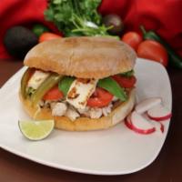 Pollo Torta · Chicken. Served with mayonnaise, beans, lettuce, Mexican cheese, avocado, pickled jalapeno, ...