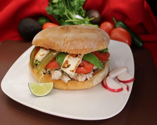 Pollo Torta · Chicken. Served with mayonnaise, beans, lettuce, Mexican cheese, avocado, pickled jalapeno, tomato and onion.