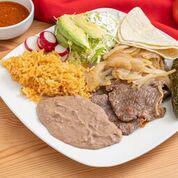 Asada Combo Plate · Steak. Served with beans, rice, tortilla, lettuce, avocado and sour cream.