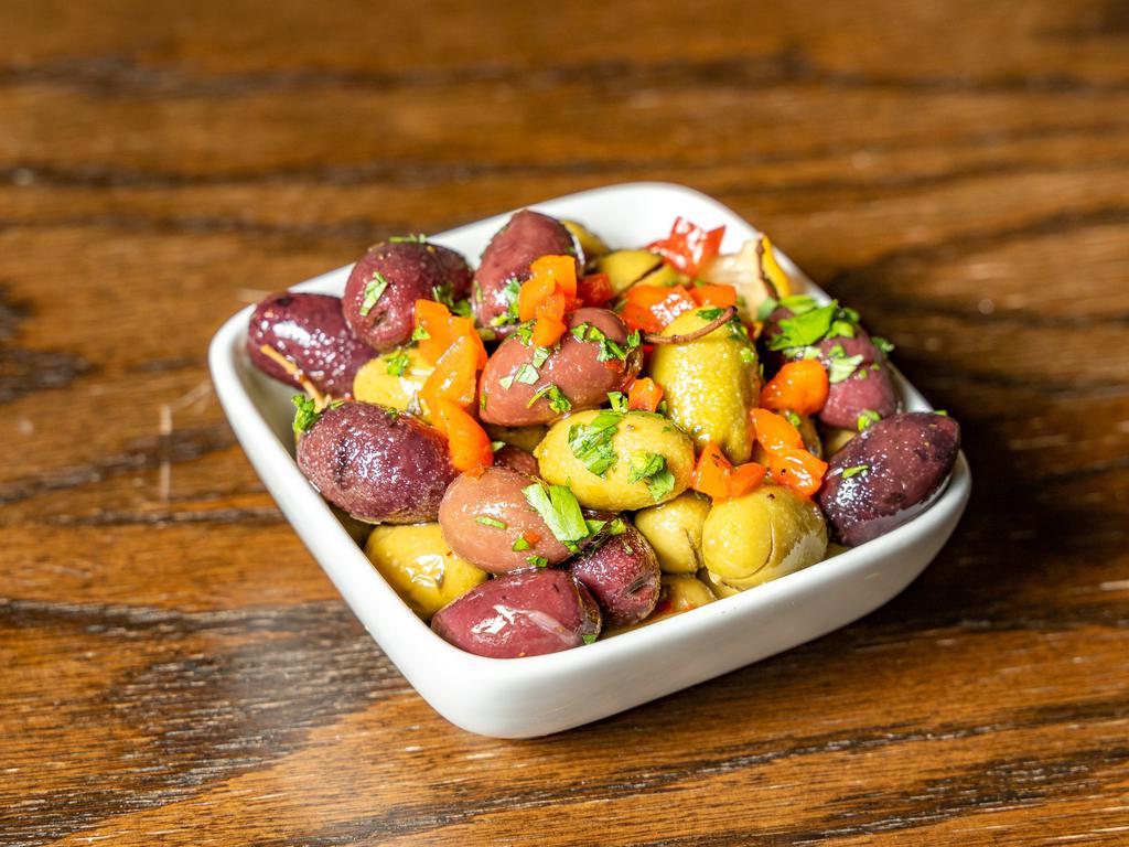 Marinated Mixed Herb Olives · Comes with crispy chickpeas.