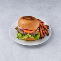 8 oz. Burger · Topped with Lettuce, Tomatoes & Onions. Served with your choice of Fries or Side Salad 
