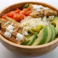 Mex Cobb Salad · Romaine Lettuce, Chicken, Corn, Beans, Mex - Cheese, Avocado, Onions, Tomato and Organic Ran...