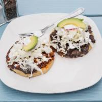 Roasted Vegetables Sope · Fresh home-made, gluten free corn masa dough. With beans, sour cream, cotija cheese, green s...