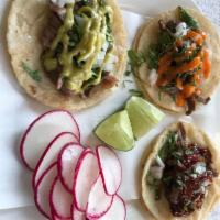 Barbacoa Taco · Seasoned beef. Fresh home-made, gluten free corn tortillas with cilantro, onion, radishes an...
