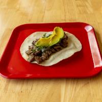 Carne Asada Taco · Grilled beef, cilantro, grilled onion and avocado suce.