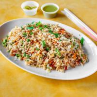Vegetarian Burnt Garlic Fried Rice · Golden fried garlic, chilli flakes and green onions.