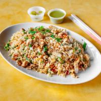 Burnt Garlic Fried Rice with Chicken · Golden fried garlic, chilli flakes, and green onions with chicken.