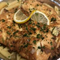 Chicken Francese · Dusted in flour, dipped in egg wash and sauteed with white wine, lemon and butter. Served wi...
