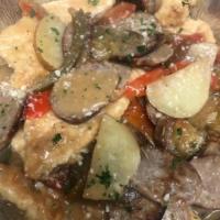 Chicken Scarpariello · Chicken breast simmered w/ sweet Italian sausage, potatoes, hot & sweet peppers in a white w...