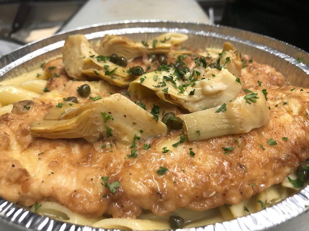 Chicken Picatta · Chicken breast lightly battered in a egg wash sauteed w/ artichoke hearts & capers in a lemon butter sauce served w/ pasta
