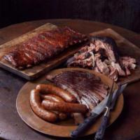 Family Meal · 1 lb sliced brisket, 1 lb chicken, 1/2 lb hot links with 2 sides.