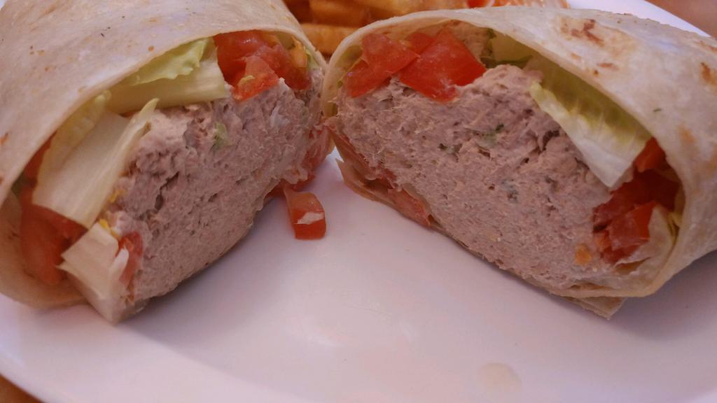 Tuna Salad Wrap · Served with lettuce and cheddar cheese. Made on white flour or honey wheat tortilla. Includes french fries or house salad.