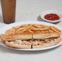 Philly Chicken Cheesesteak · Served with choice of cheese on an Italian roll. Includes french fries or house salad. Add y...