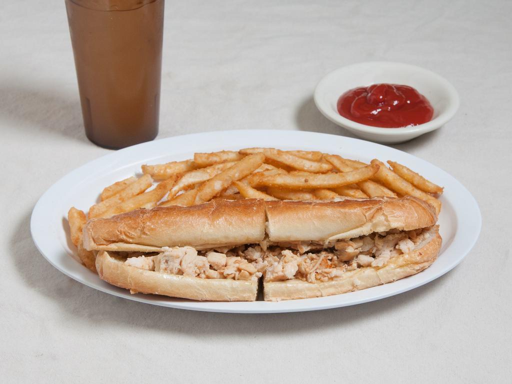 Philly Chicken Cheesesteak · Served with choice of cheese on an Italian roll. Includes french fries or house salad. Add your optional choice of toppings.