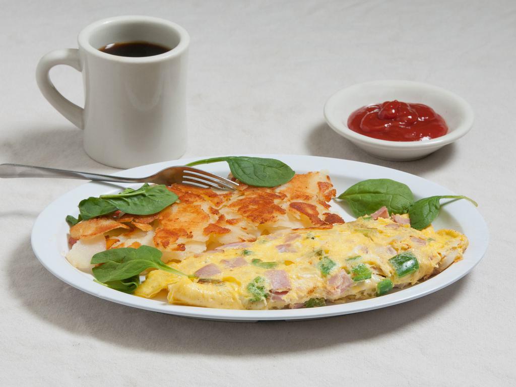 Western Cheese Omelette · Three (3) Egg Omelette includes choice of cheese with Ham or Bacon (Pork Roll , Canadian Bacon, sliced Fat Sausage or Corned Beef Hash option), onion, and green peppers.  Served with home fries and buttered toast.