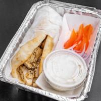 Chicken Pita · Comes with strips of grilled chicken, red onions, tomatoes, tzatziki sauce on a pita.