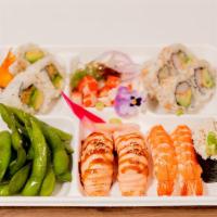 No Raw Bento · Nigiri: 2pc Steamed Shrimp, 2pc Seared Salmon, 1pc Blue Crab Nigiri,
Cut Rolls: 4pc Californ...