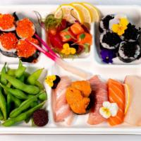 Omakase Bento · Nigiri: 1pc each of Toro, Uni, Tuna, Salmon, Yellowtail
Cut Rolls: 4pc Blue Crab Maki with I...