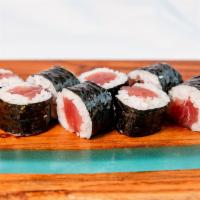 Tuna Roll · Tekka maki. Fresh tuna, sushi rice inside, seaweed outside.